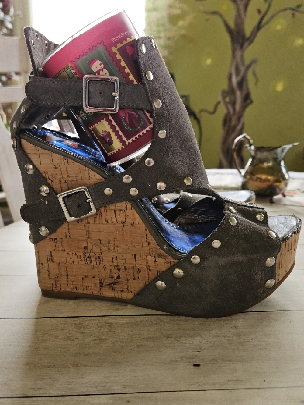 Womens Gray Studded Suede Cork Wedge Sandals